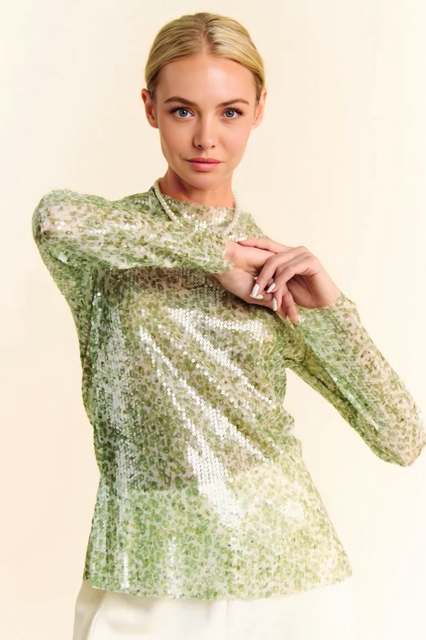 Sequin Mock Neck Long Sleeve Mesh Top