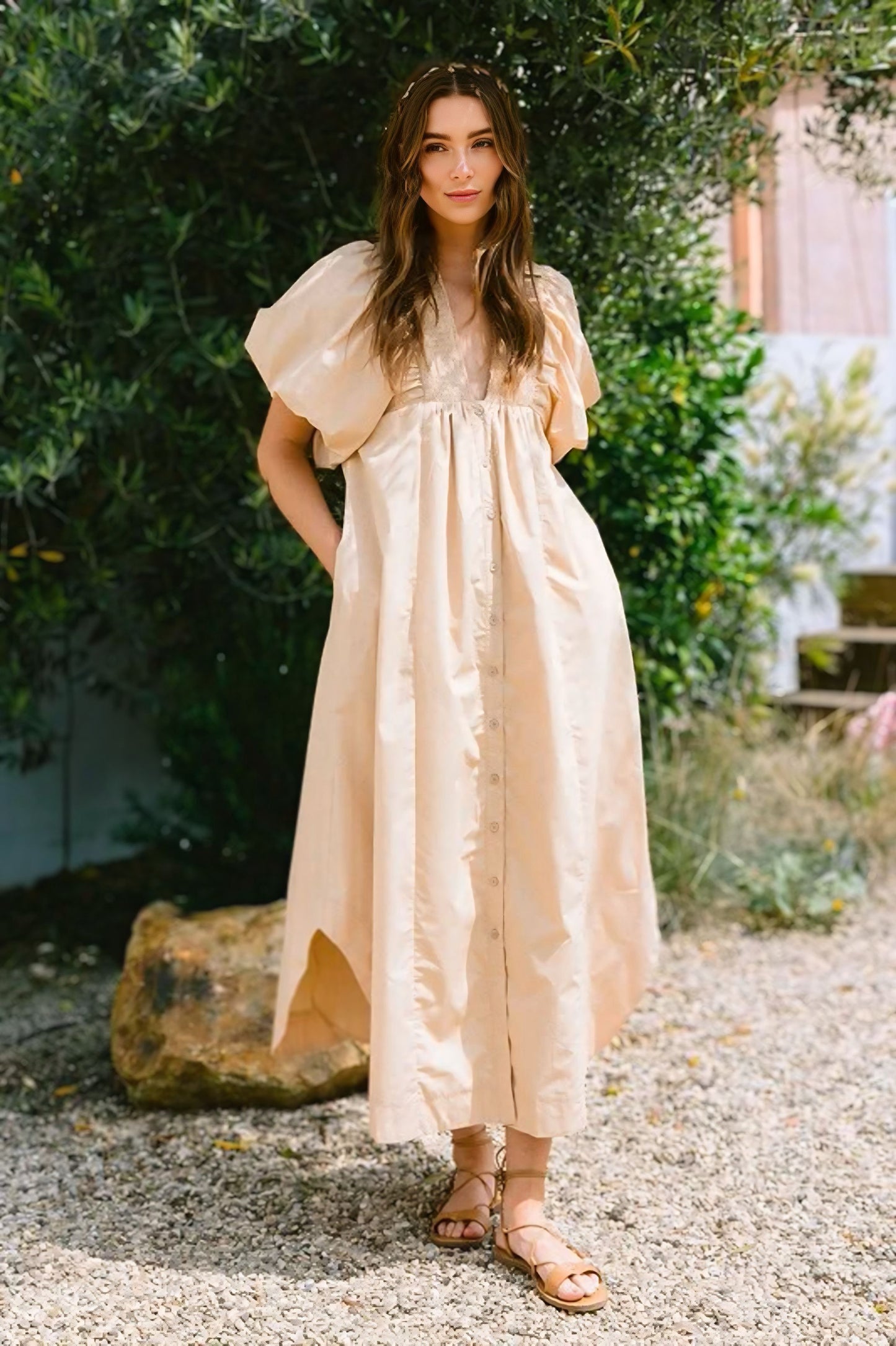 Smocked Puff Sleeve Midi Dress - Tan