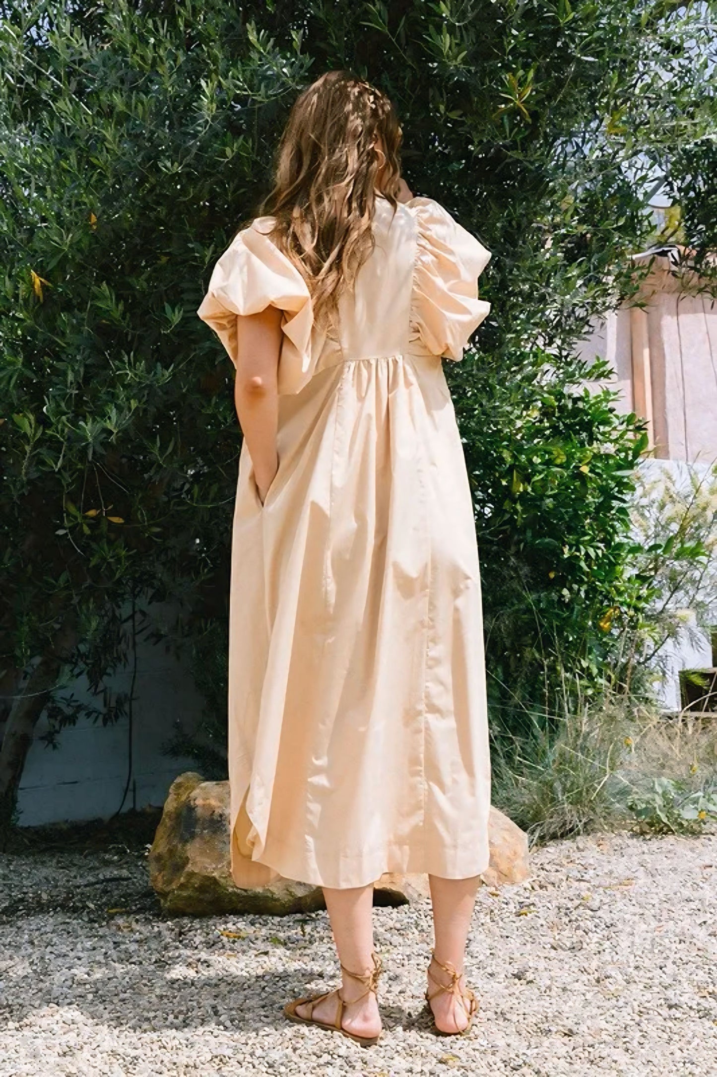 Smocked Puff Sleeve Midi Dress - Tan