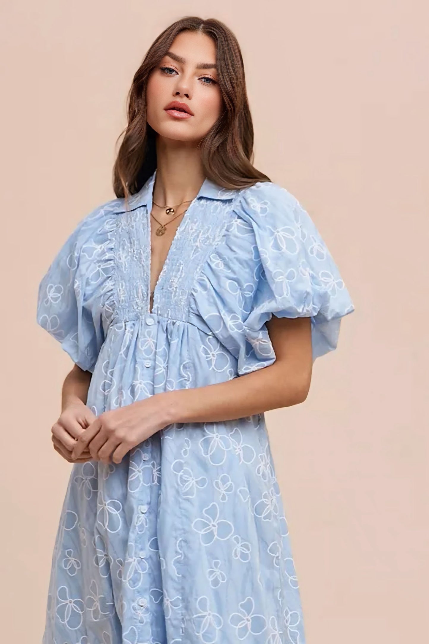Floral Smock Detail Puff Sleeve Dress - Sky