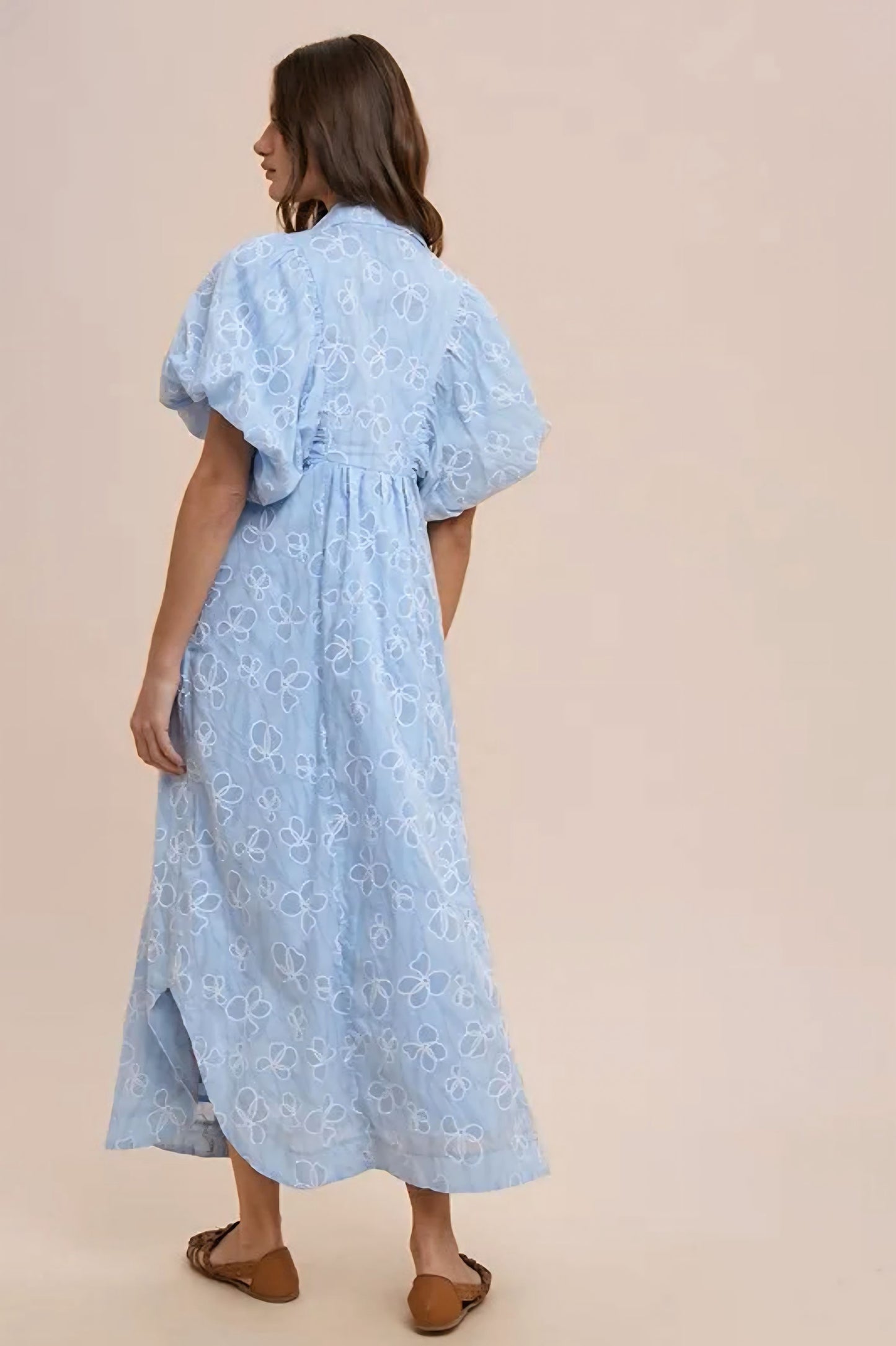 Floral Smock Detail Puff Sleeve Dress - Sky