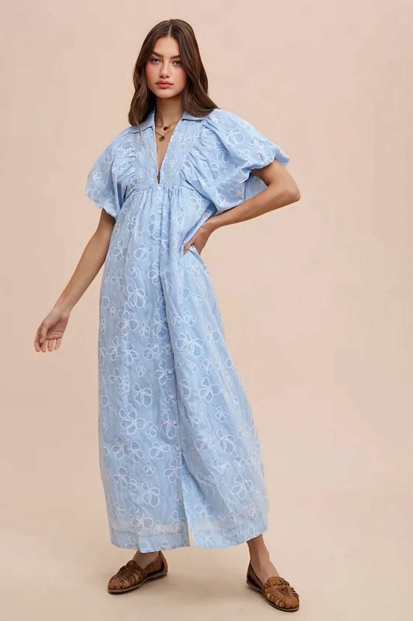 Floral Smock Detail Puff Sleeve Dress - Sky
