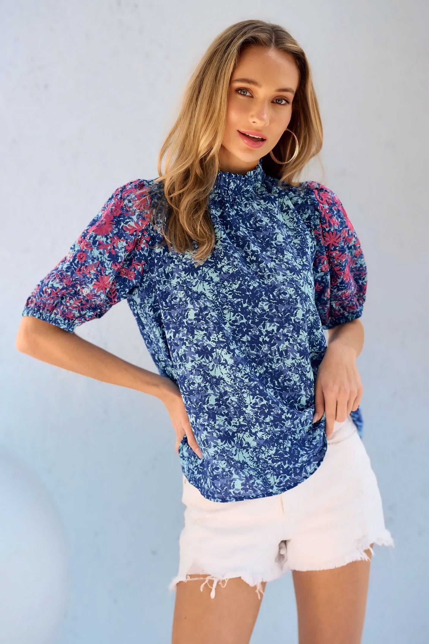 Embroidered Puff Sleeve Printed Blouse