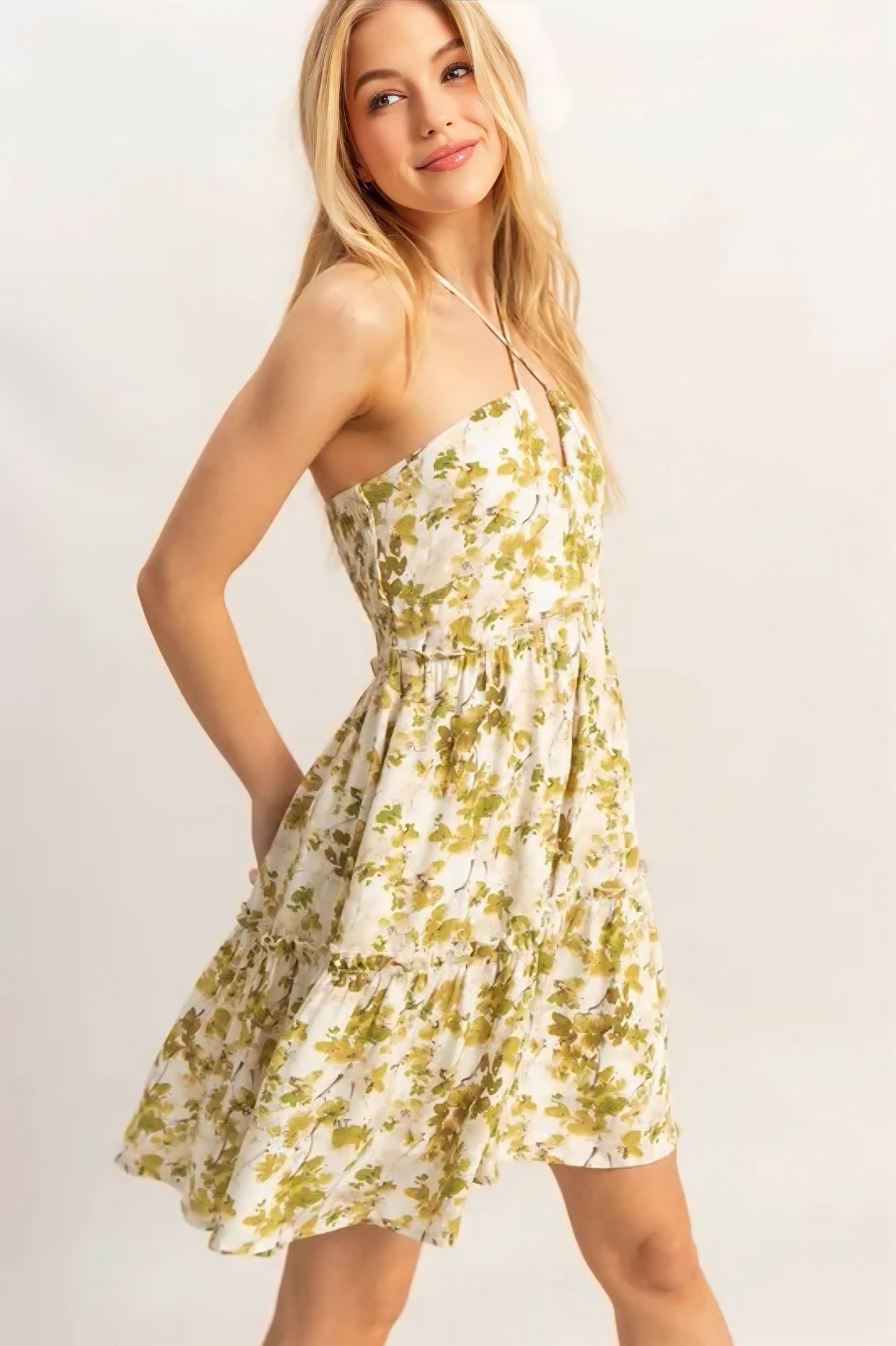Floral Print Halter Neck Tiered Mini Dress