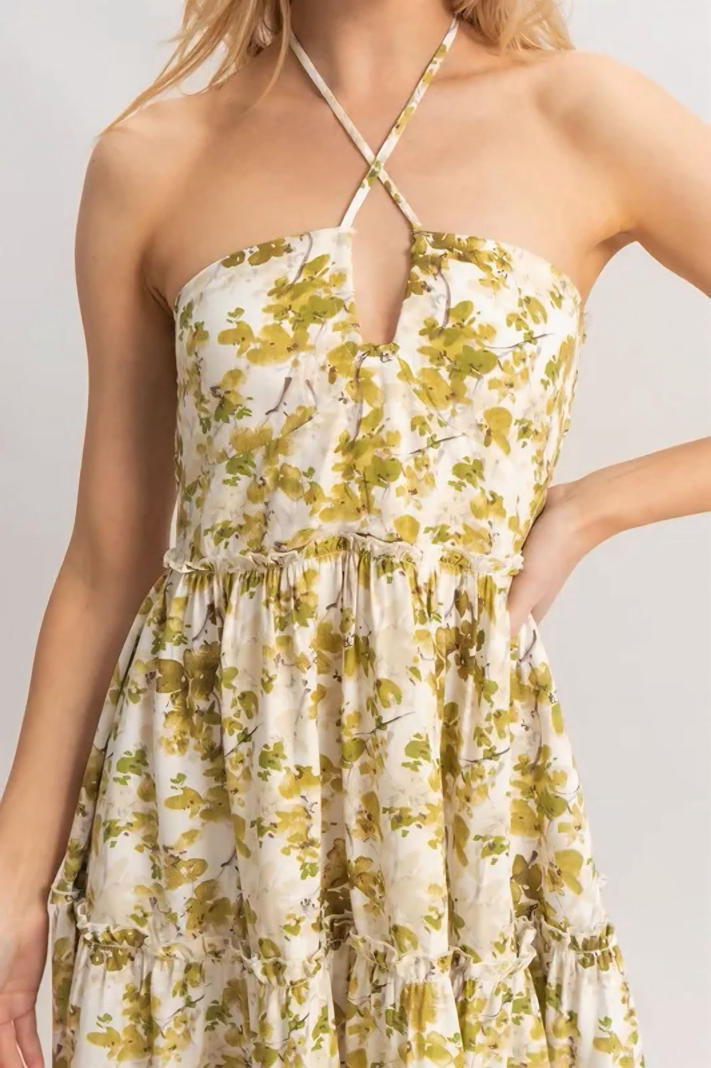 Floral Print Halter Neck Tiered Mini Dress