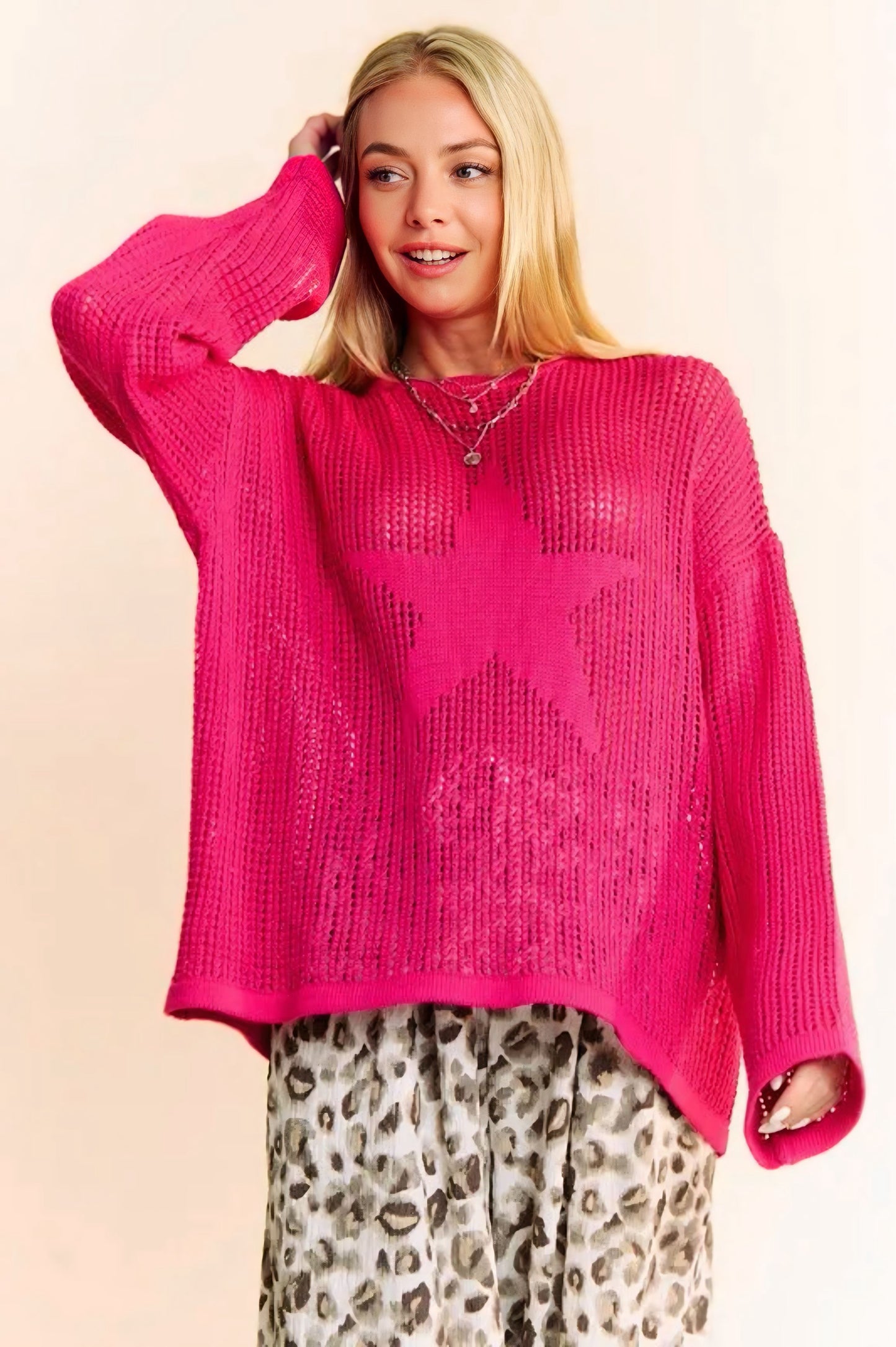 Star Front Crochet Drop Shoulder Knit Top