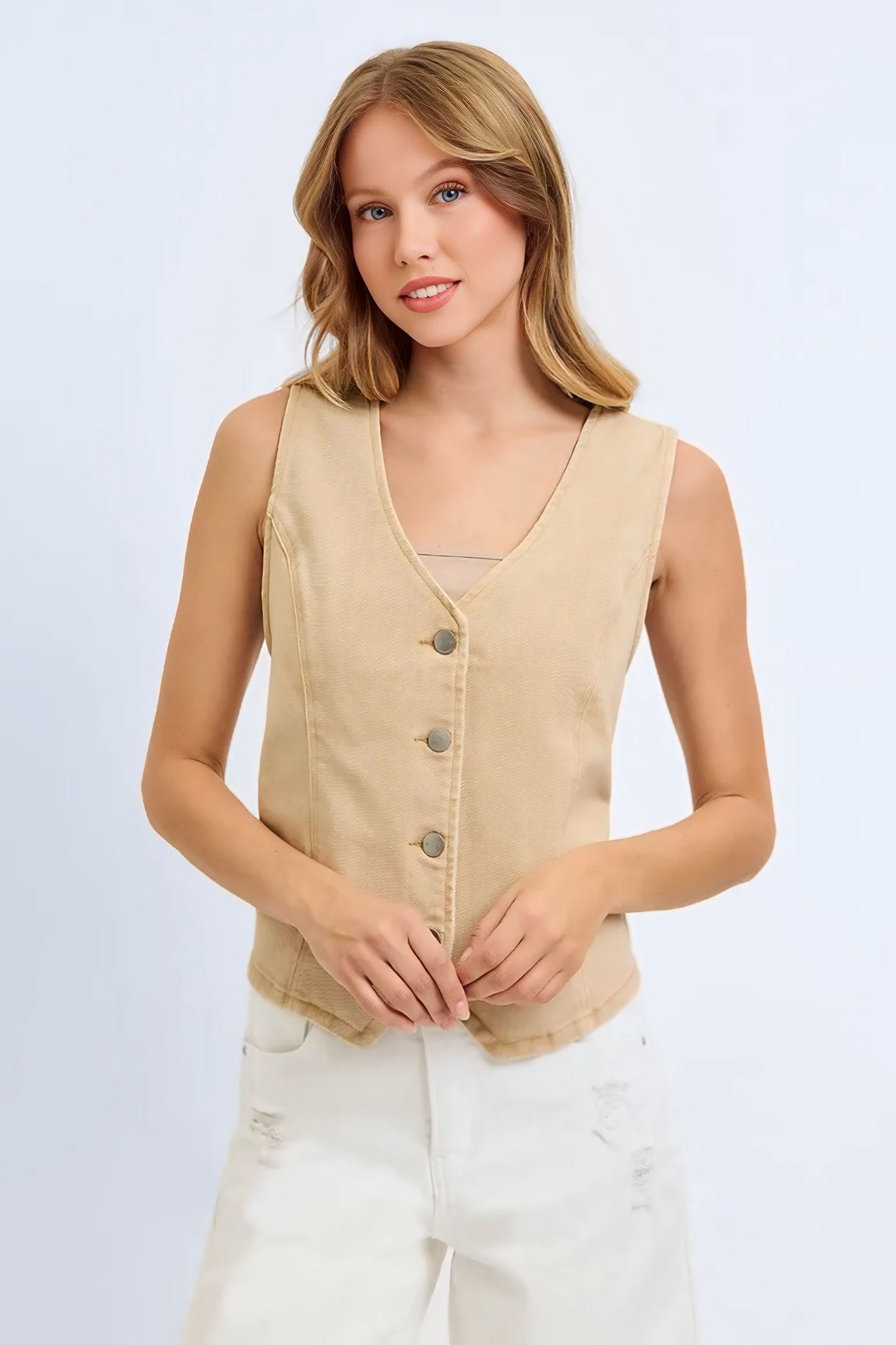 V Neck Button Down Vest - Latte