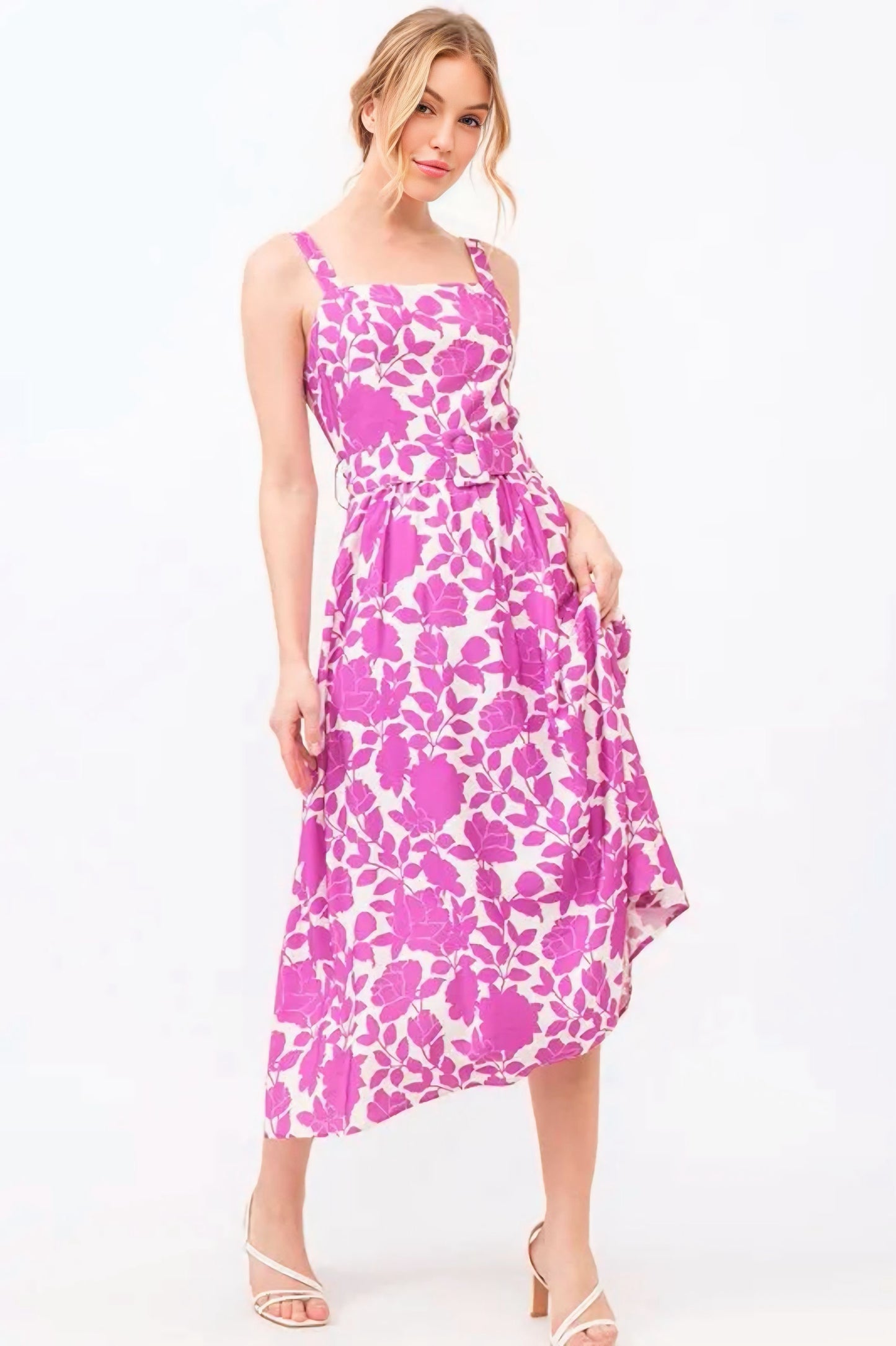 And The Why Square Neck Belted Floral Printed Midi Dress