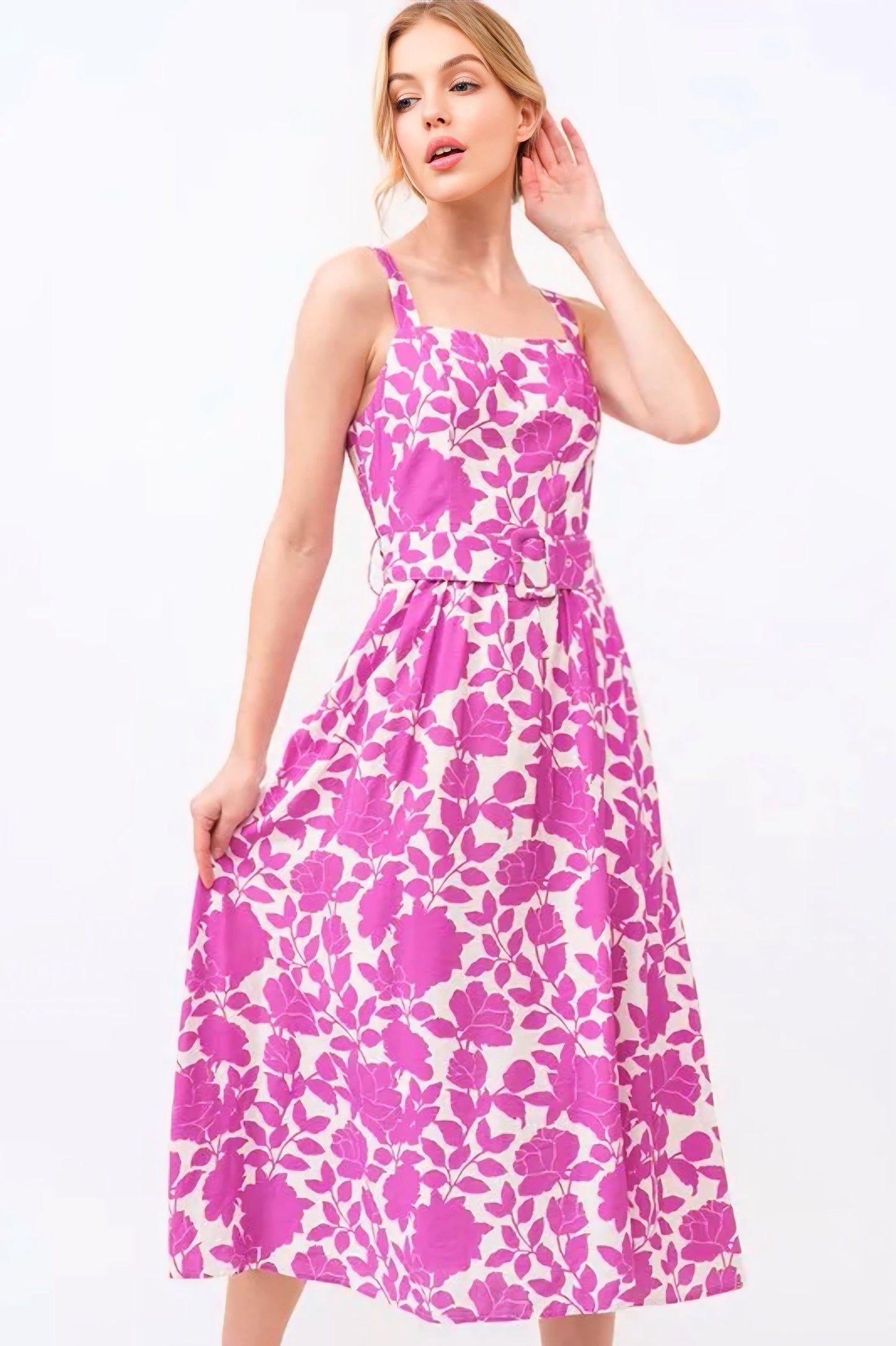 And The Why Square Neck Belted Floral Printed Midi Dress