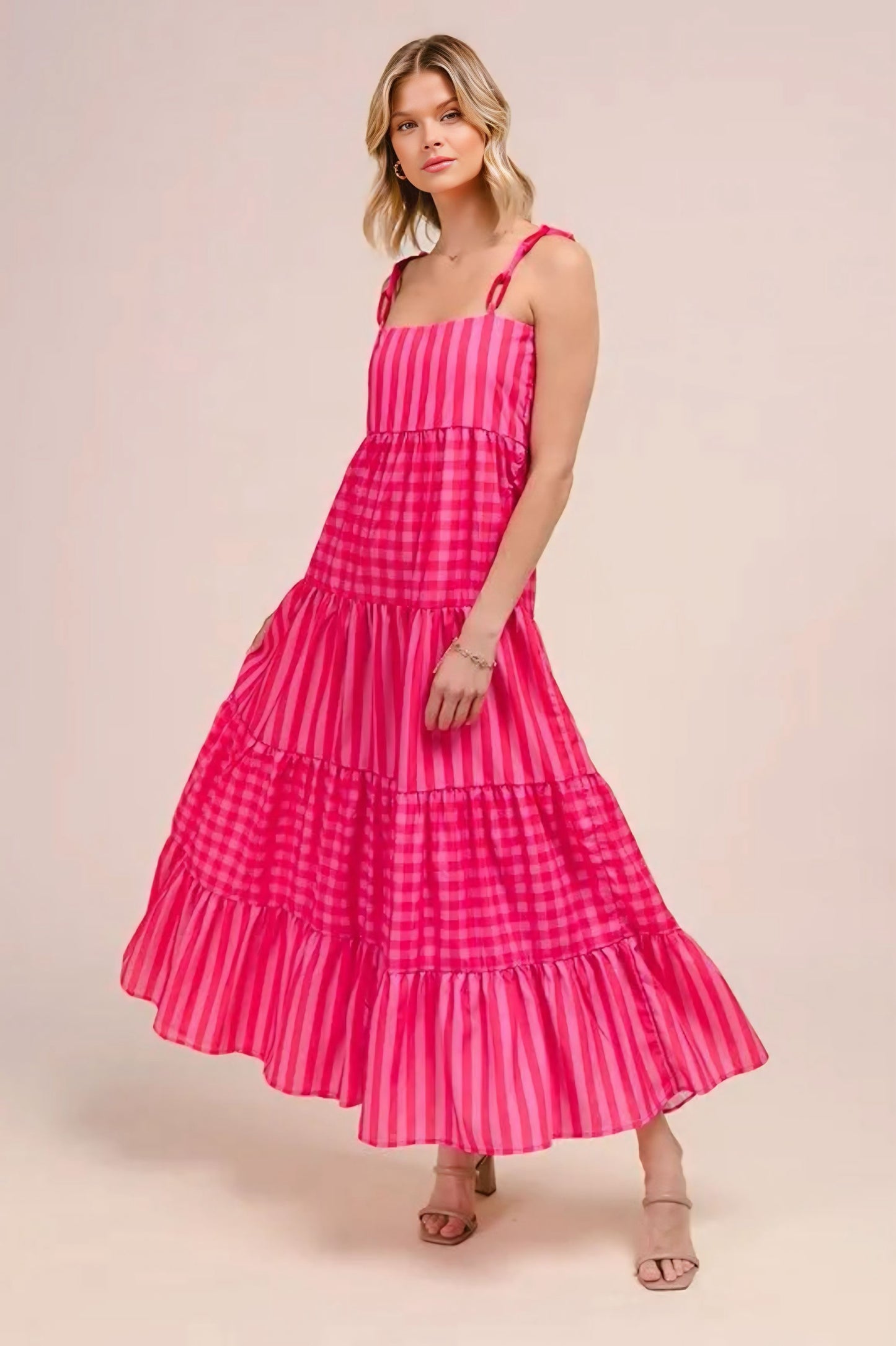 Stripe Tiered Maxi Dress with Colorful Chain Strap