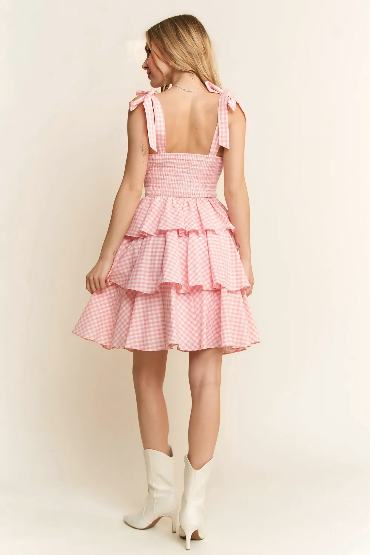 Pink Gingham Tiered Mini Dress