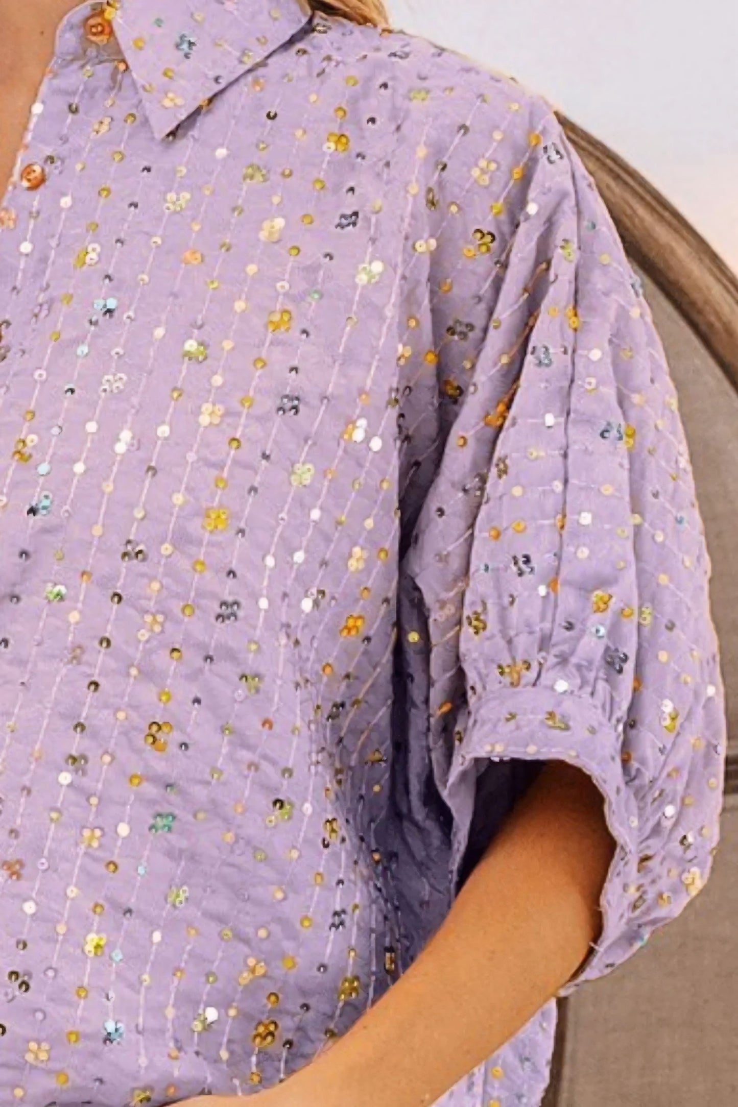 Colorful Sequin Striped Short Sleeve Blouse