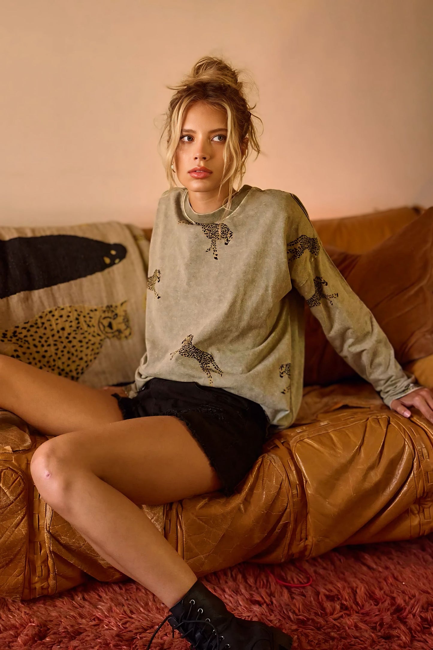 Mineral Wash Cheetah Print Long Sleeve Top