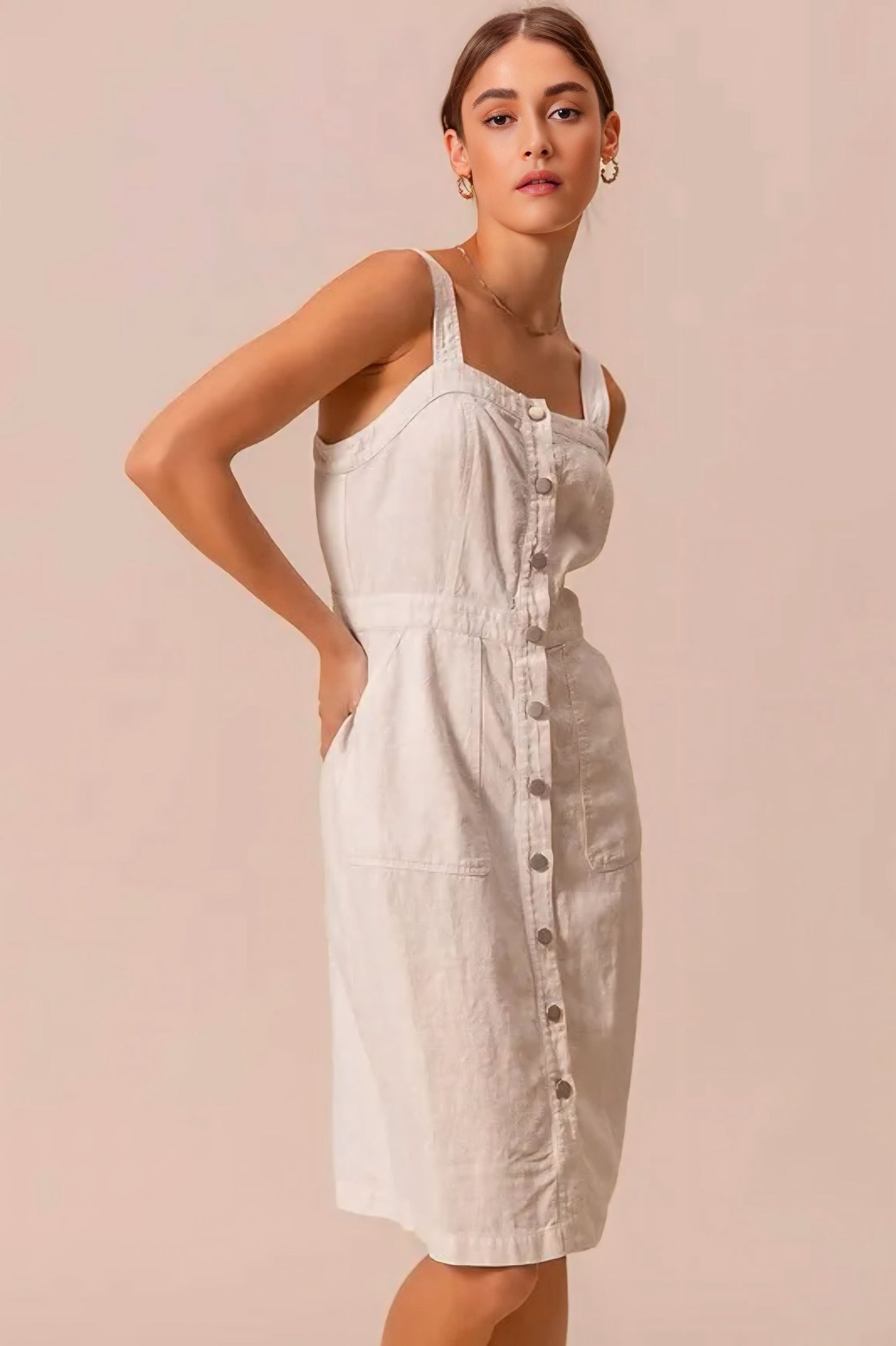 Button Down Pocket Front Pinafore Dress