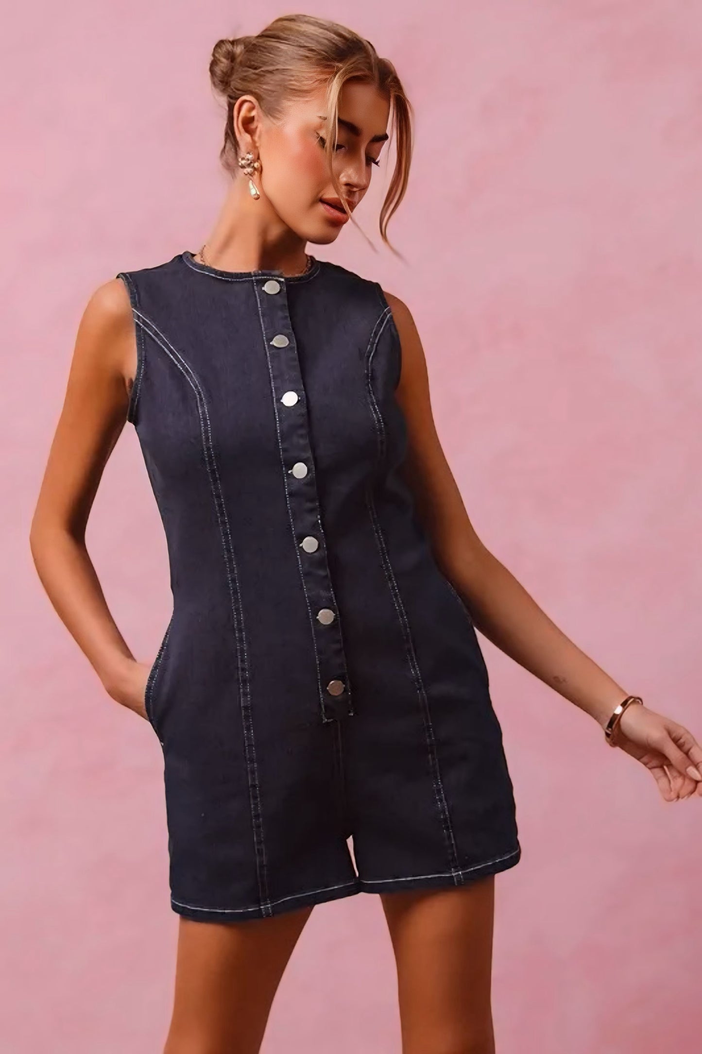 Button Up Front Washed Denim Sleeveless Romper