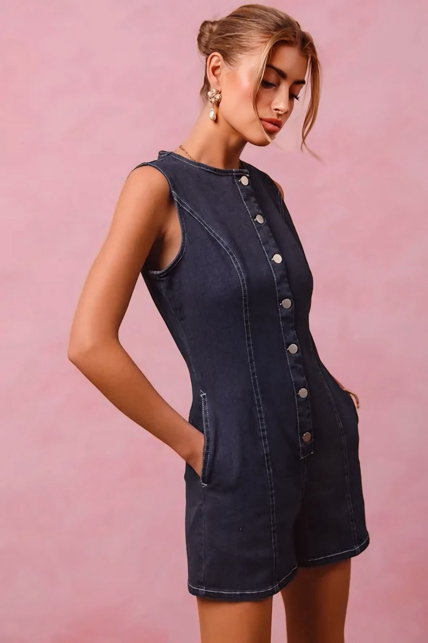 Button Up Front Washed Denim Sleeveless Romper