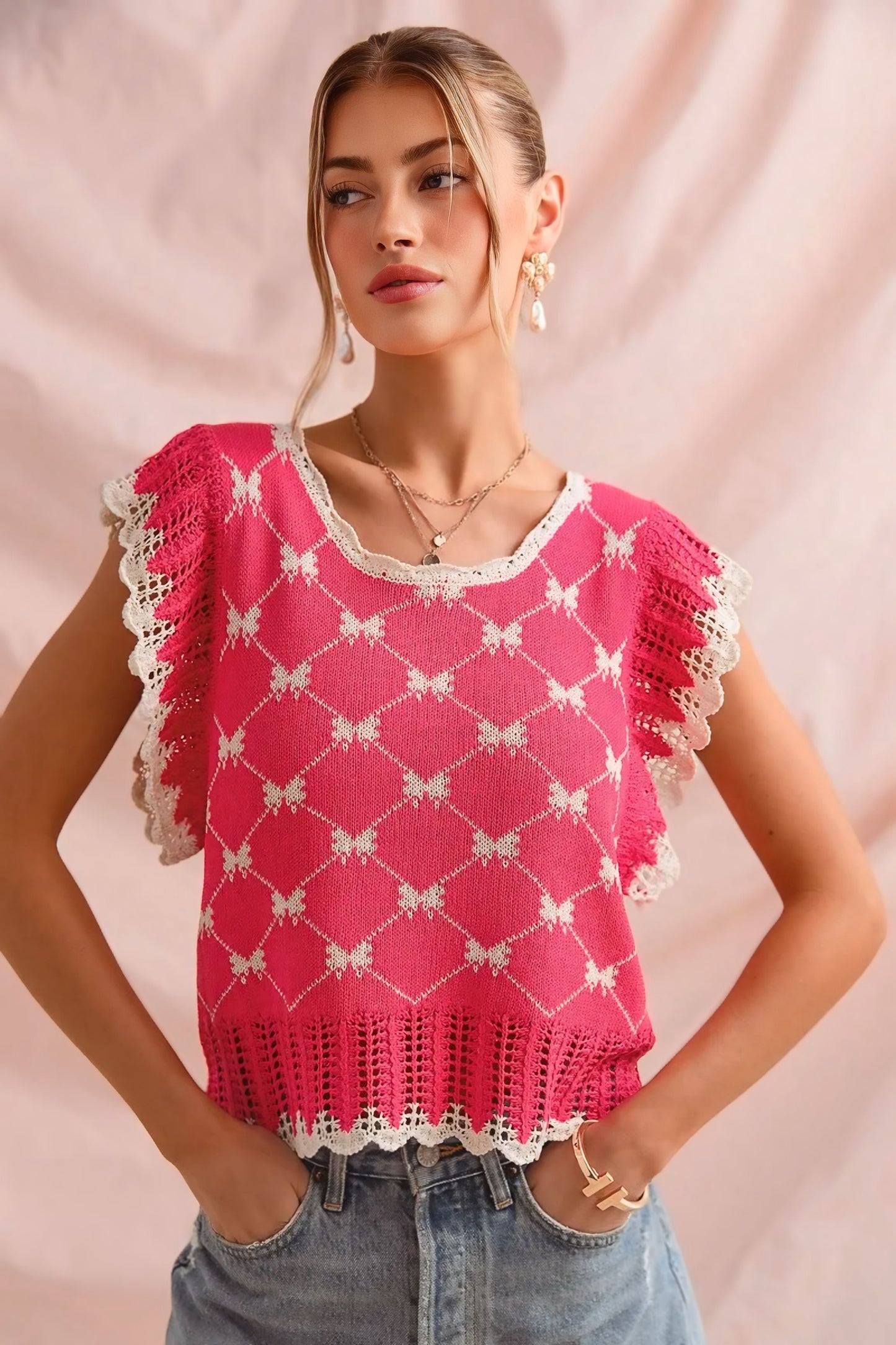 Bow Ribbon Pattern Sweater Top with Back Key Hole