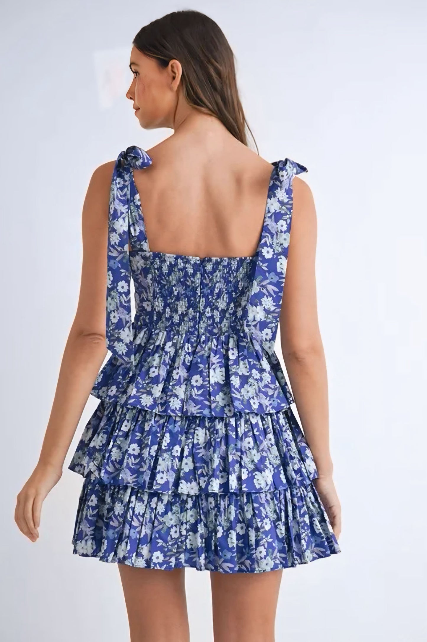 Floral Print Shoulder Tie Layered Mini Dress