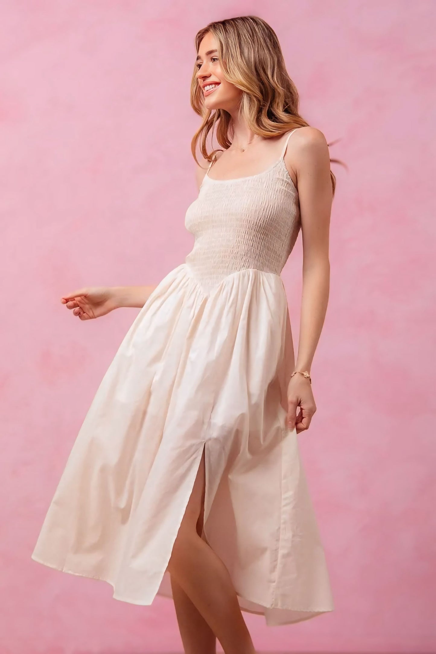 Smocked Sleeveless Casual Everyday Dress With Slit