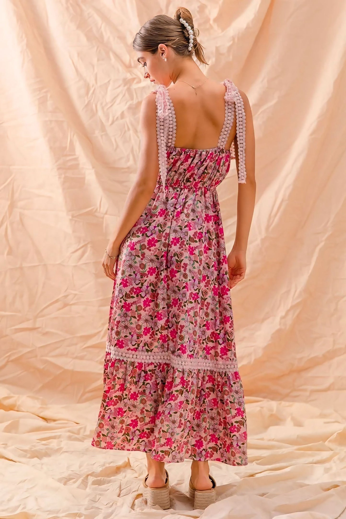 Floral Maxi Dress With Ribbon Tie Lace Strap