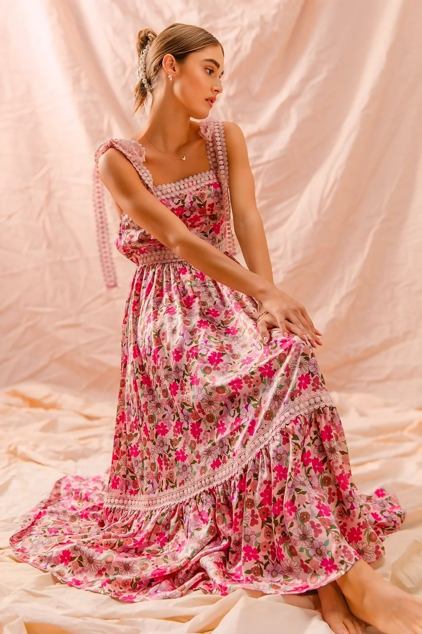 Floral Maxi Dress With Ribbon Tie Lace Strap