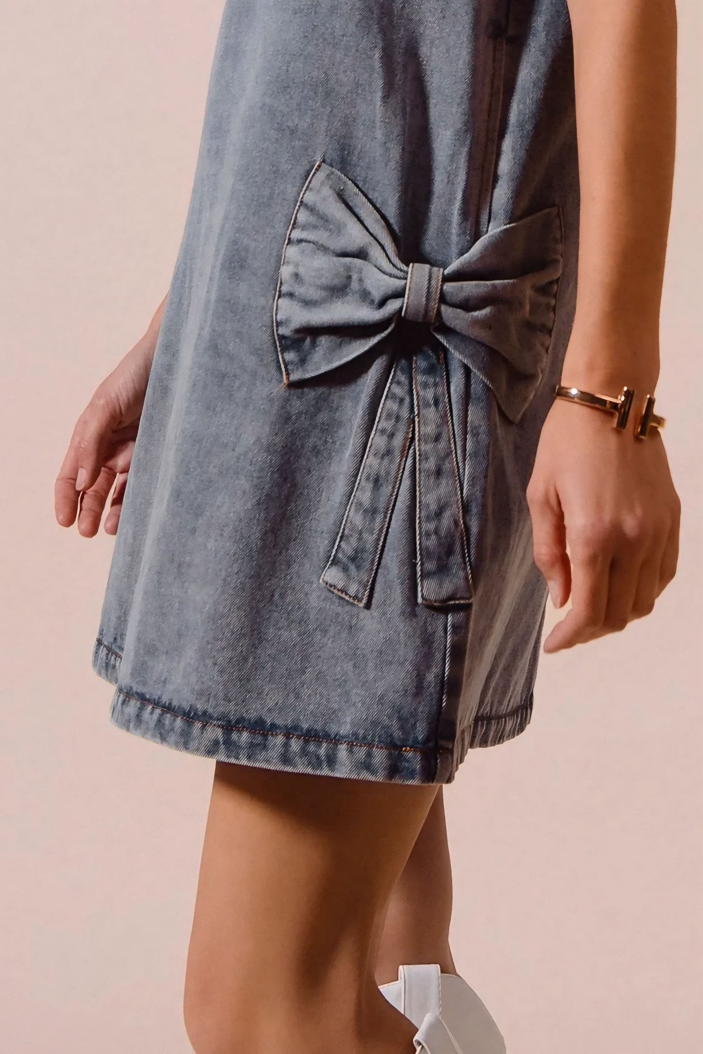 Bow Ribbon Knot Applique Denim Mini Dress
