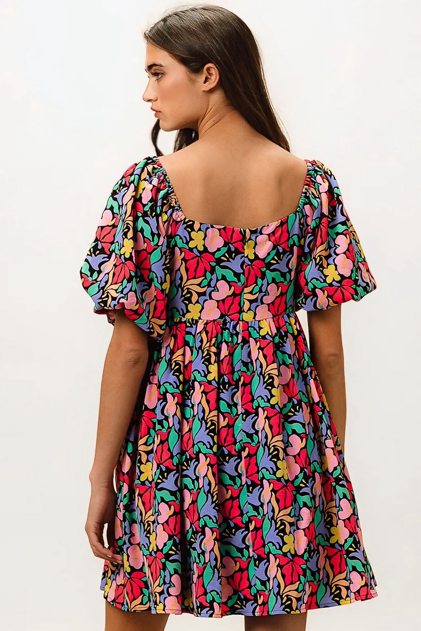 Floral Print Puff Square Neck Dress