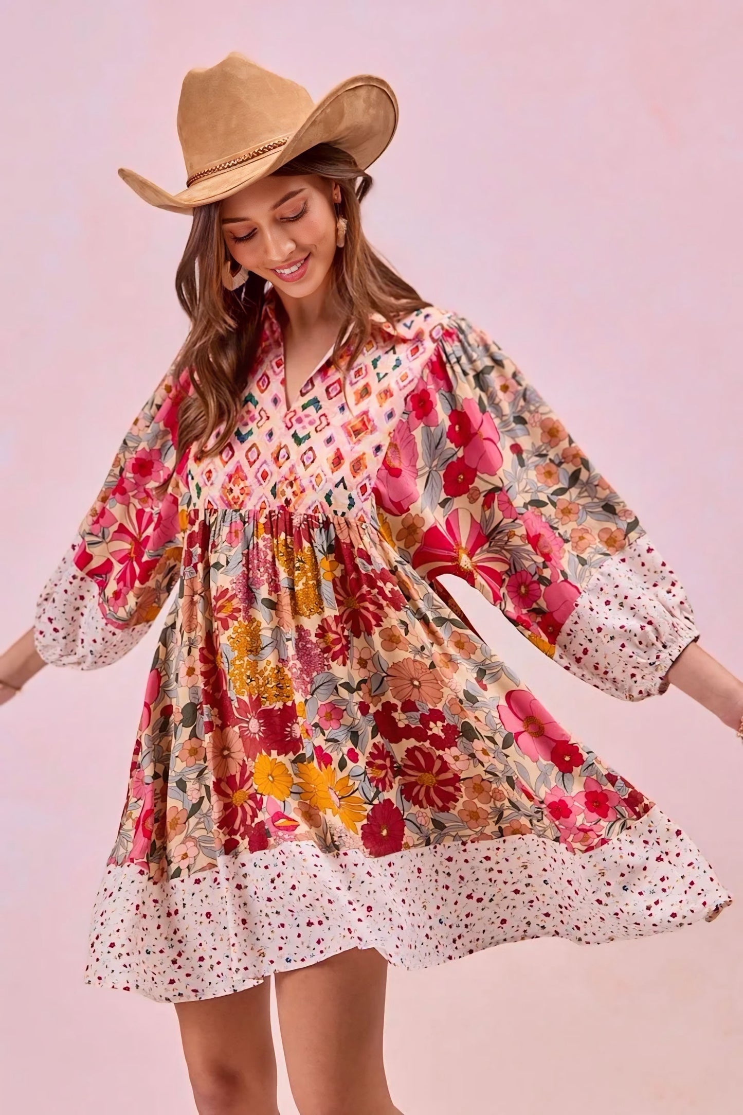 Print Mix And Match Bubble Sleeve Dress