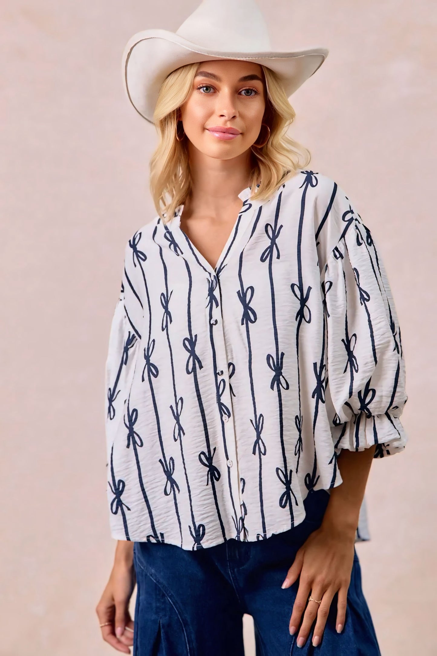 Bow Ribbon Printed Bubble Sleeves Top