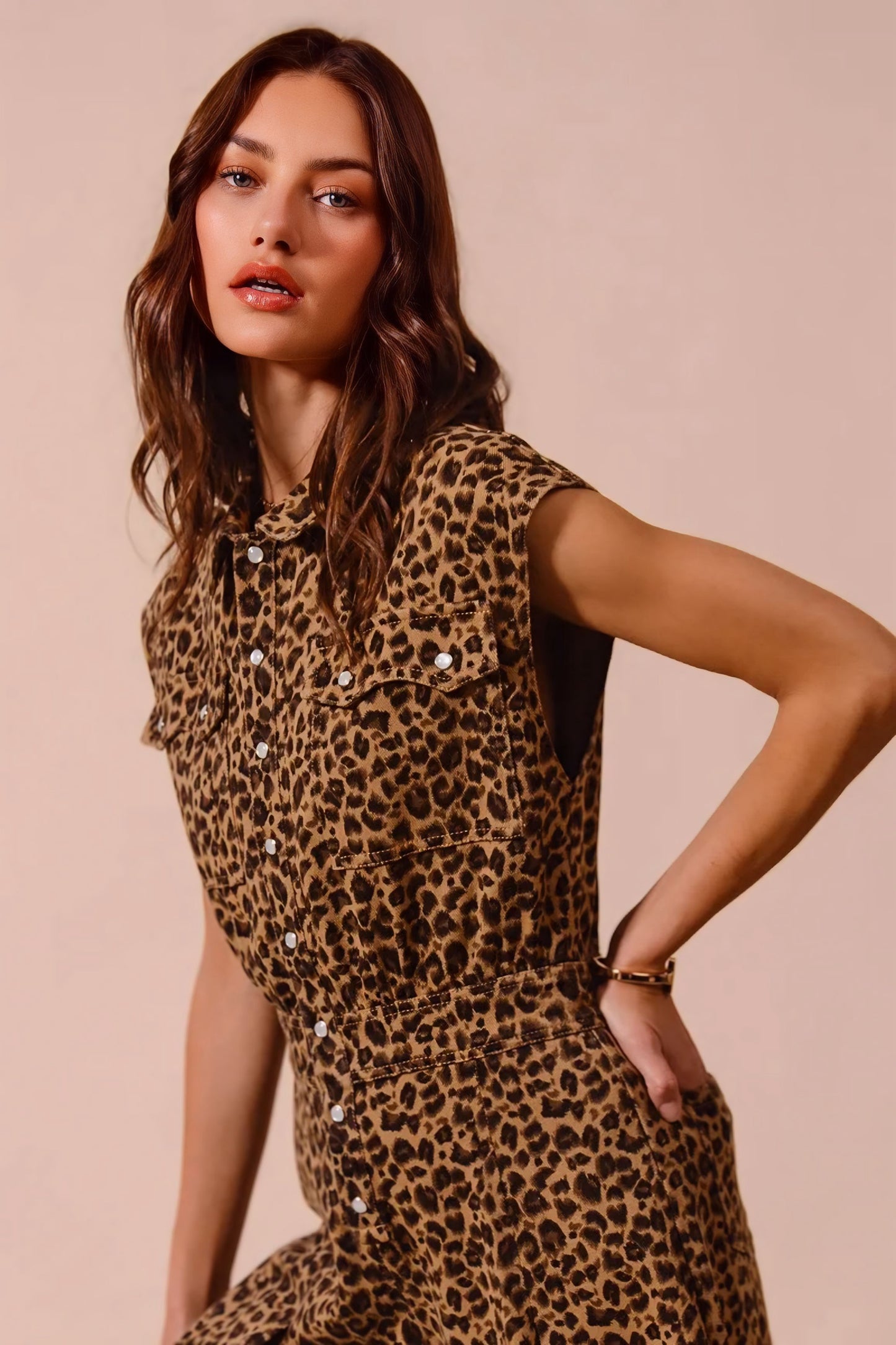 Wide Leg Leopard Twill Overalls Jumpsuit