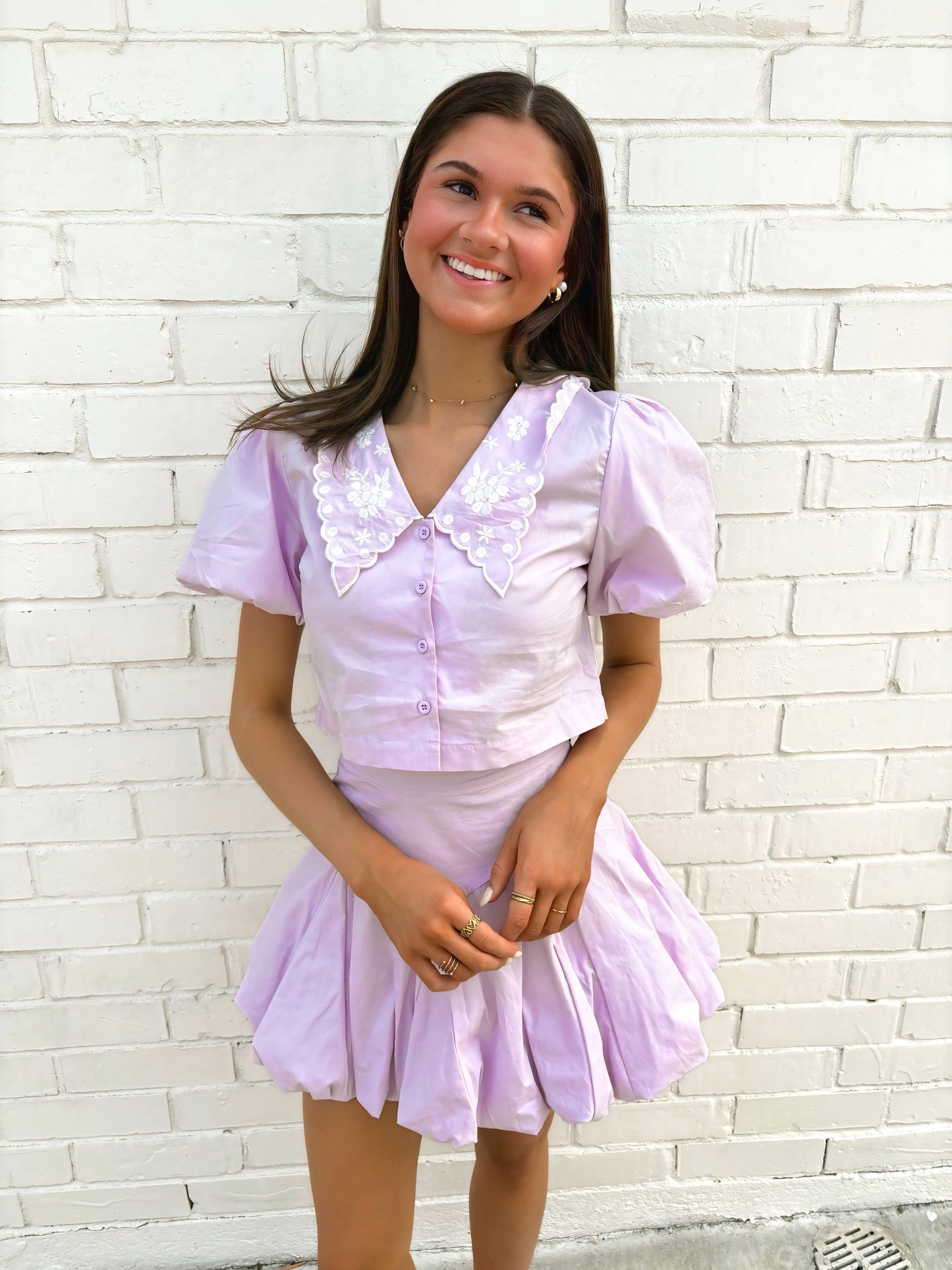 Puff Sleeve Button Down Top and Bubble Skirt Set - Lavender