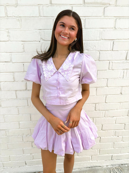 Puff Sleeve Button Down Top and Bubble Skirt Set - Lavender