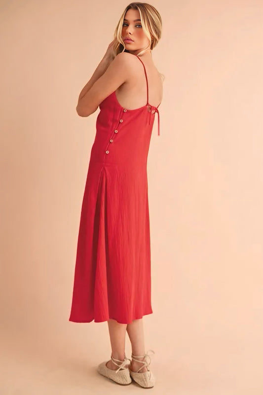 Red Side Button Midi Cami Dress