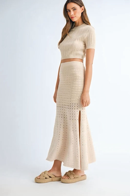 Pointelle Short Sleeve Crop Top and Slit Skirt Sweater Set - Cream