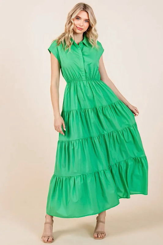 Button Up Collared Tiered Maxi Shirt Dress