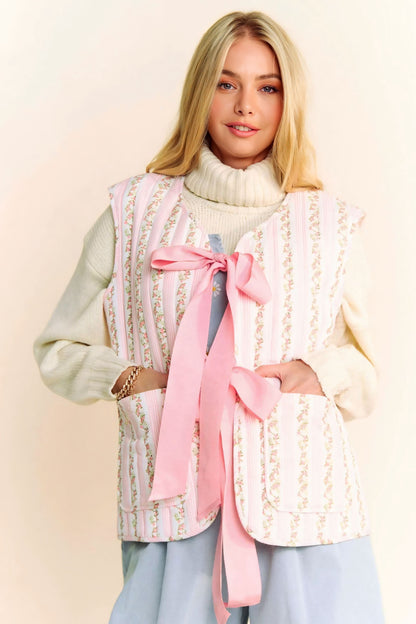 Quilted Floral Bow Tie Front Padding Vest Jacket