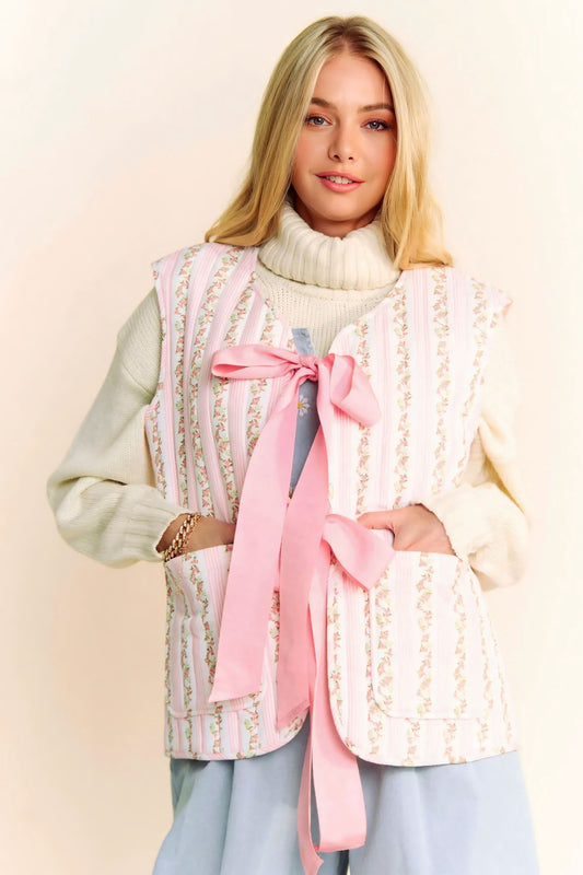 Quilted Floral Bow Tie Front Padding Vest Jacket