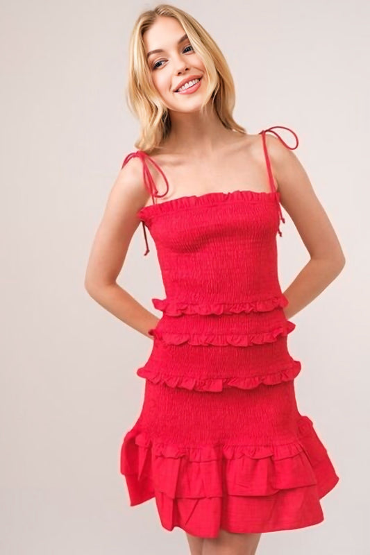 Bow Straps Ruffled Smocked Dress