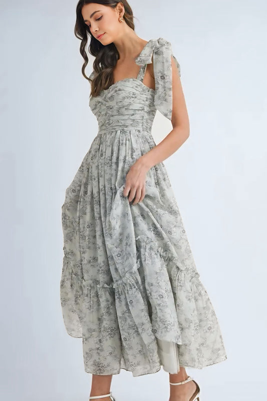 Floral Bust Ruched Midi Dress with Shoulder Tie - Sage