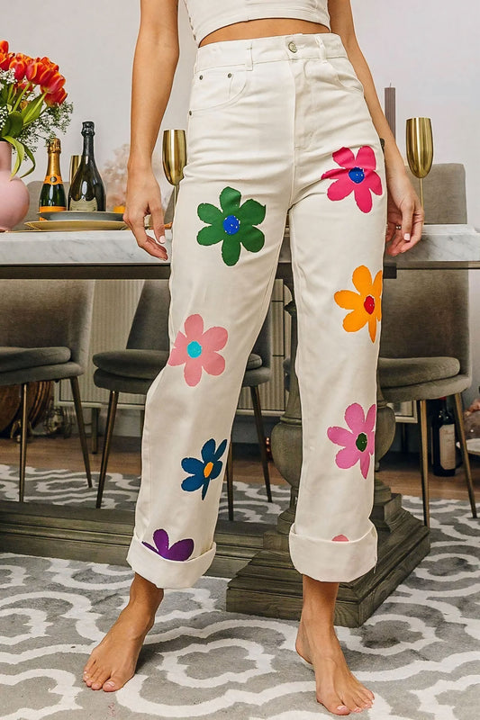 Flower Print Straight Legs Pants