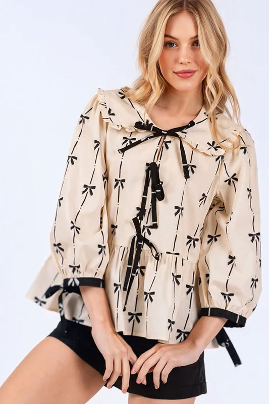 Bow Print Tie Front Babydoll Blouse