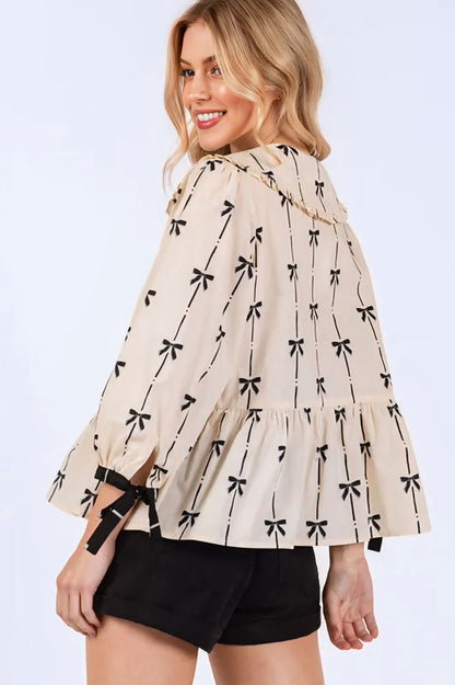 Bow Print Tie Front Babydoll Blouse