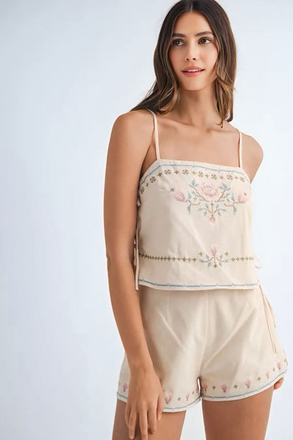 Embroidered Crop Top and Shorts Set