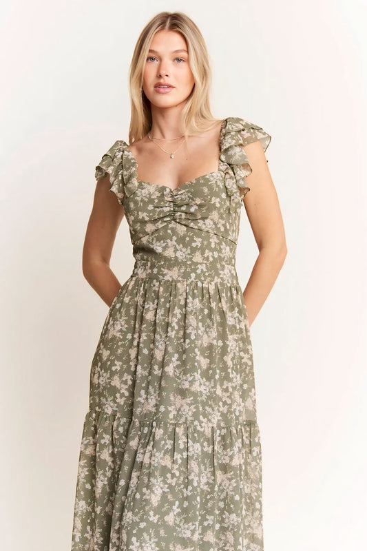 Sage Ruffle Sleeve Tiered Maxi Dress