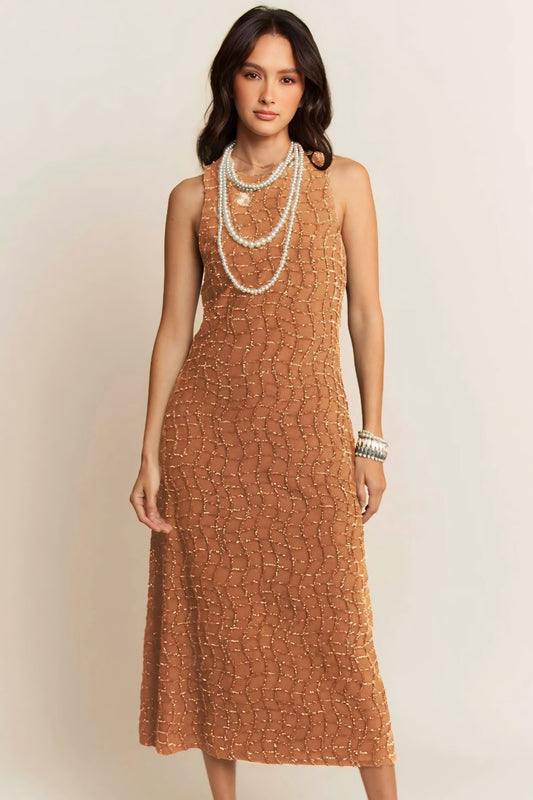 Golden Textured Zippered Midi Dress