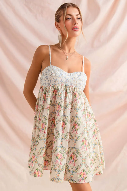 Mixed Floral Print Sleeveless Mini Dress
