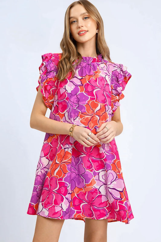 Floral Print Ruffle Sleeve Mini Dress
