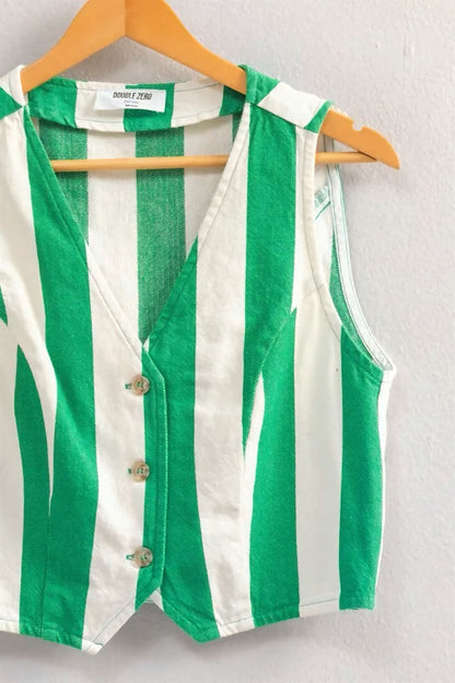 Woven Striped V-Neck Button Down Vest