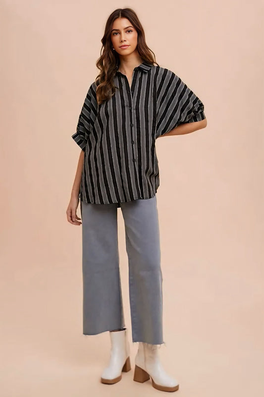Oversized Drop Shoulder Striped Woven Shirt
