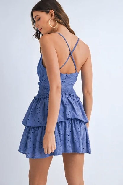 Lace Eyelet Ruffle Mini Dress With Front Cutout